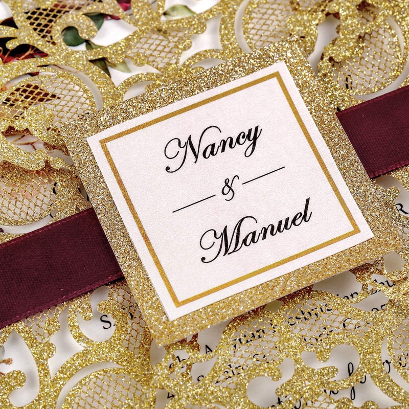 DreamBuilt 6.3 X 6.3 Inch 50PCS Blank Dark Gold Glitter Laser Cut Wedding Invitations With Envelopes Hollow Rose Pocket With Burgundy Ribbon Belly Band Wedding Invitation Cards For Wedding Invite - Image 3